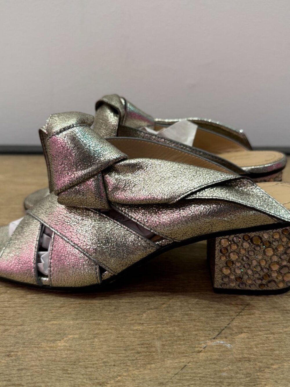 Chloe Silver Metallic Leather Rhinestone Crystal Block Heel Mule Slides 38.5 - Picture 6 of 14